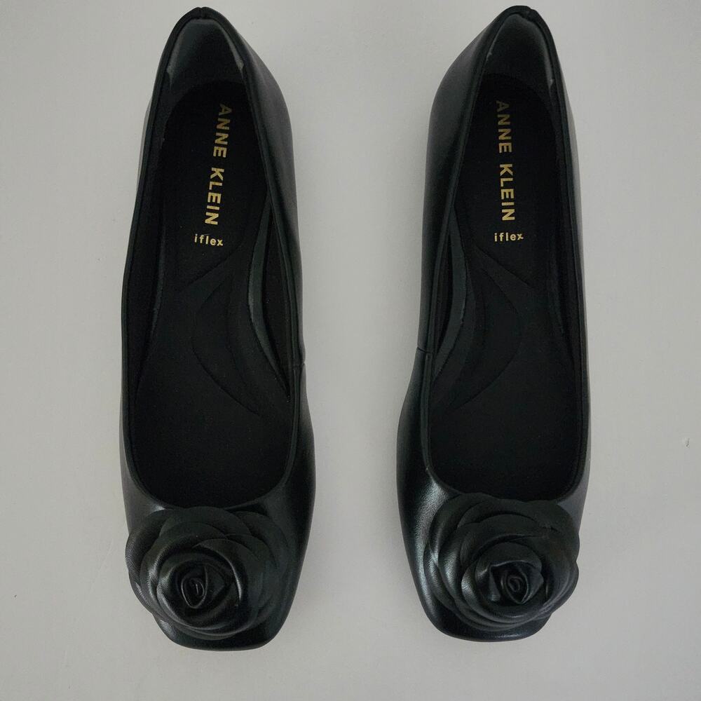 Anne Klein I-Flex Anastasia Black Ballet Flats with Rosette Size 6.5M